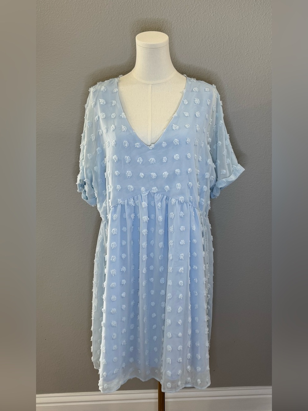 Light Blue Textured Swiss Dot V-Neck Dress